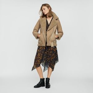 Maje Biker Jacket in Shearling Beige 36